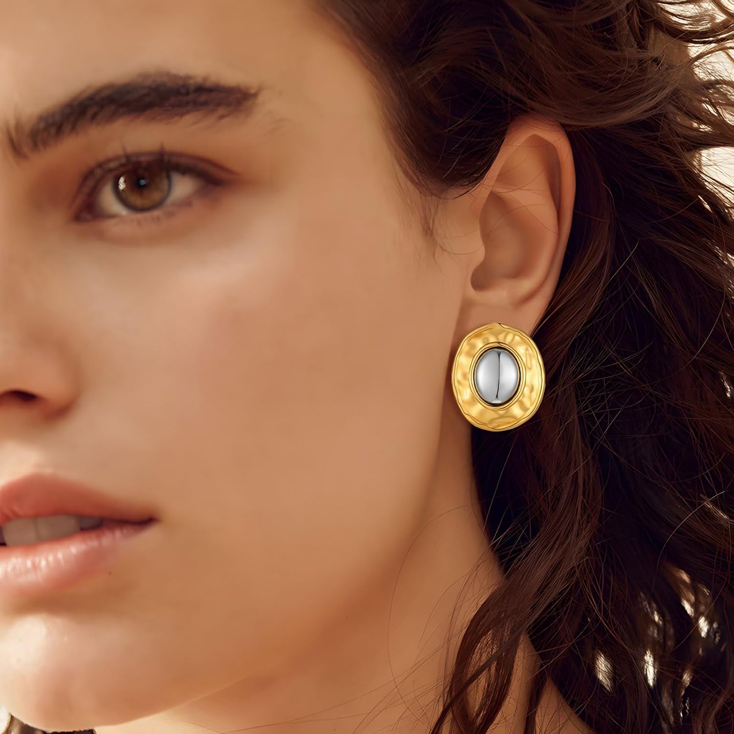 Two Tone Oval Clip on Earrings for Women Vintage Geometric Gold and Silver Mixed Metal Statement Textured Non Piercing Button Earrings for Non Pierced - Image 3