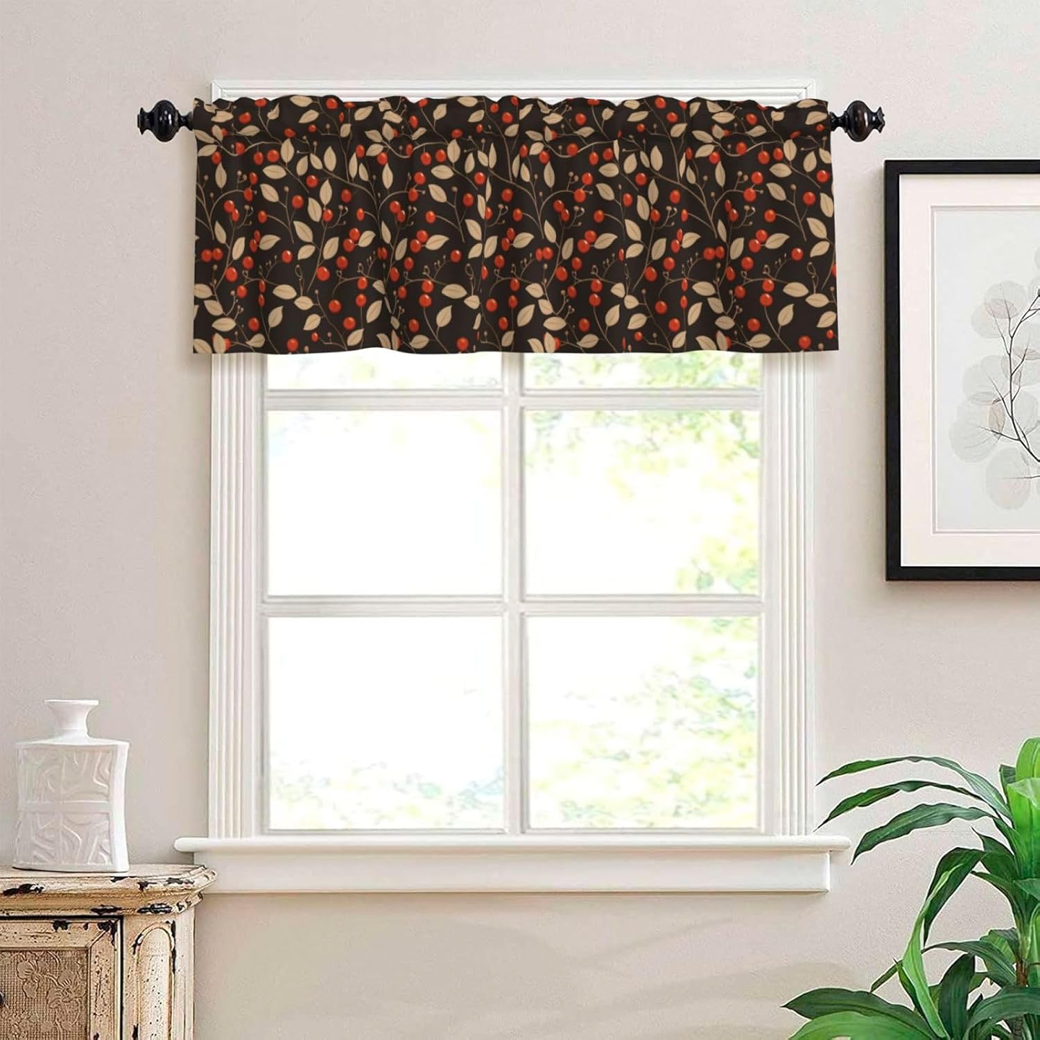 Valance for Windows Autumn Red Brown Berry Leaf Kitchen Curtains Valances Rod Pocket Window Treatment Short Topper Curtains for Living Room Bedroom Bathroom 1 Panel 54x18 Inch