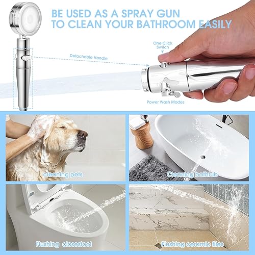 Miniatura 5 de Cabezal de ducha de mano de alta presión, cabezal de ducha filtrado con manguera de 59 pulgadas, interruptor de pausa de encendidoapagado, 3 modos