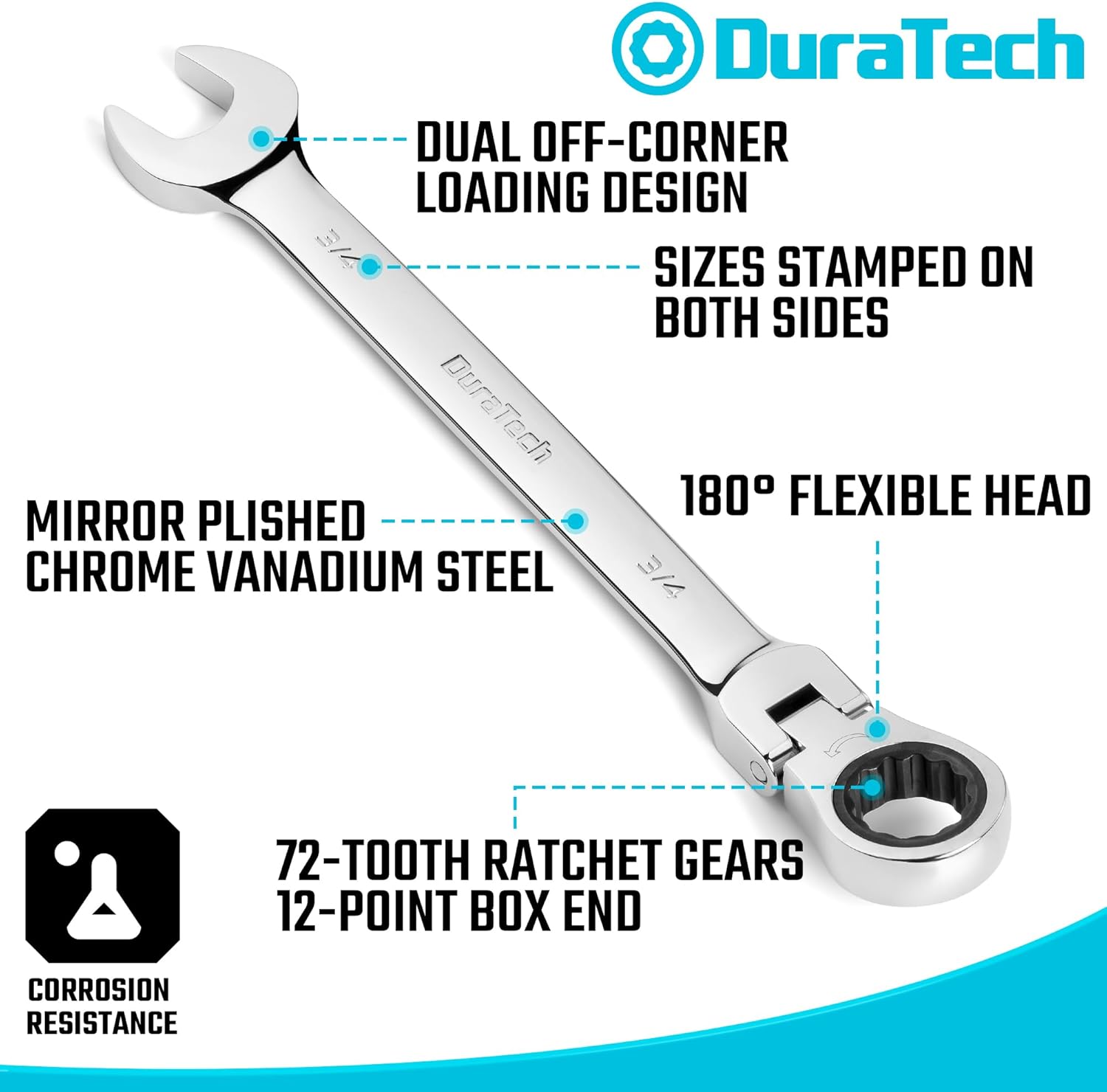 DURATECH Flex Head Ratcheting Wrench Set, Combination Wrench Set, 22-piece, Metric & SAE, 1/4" to 3/4" & 6-18mm, CR-V Steel, Mirror Polished, with Pouch