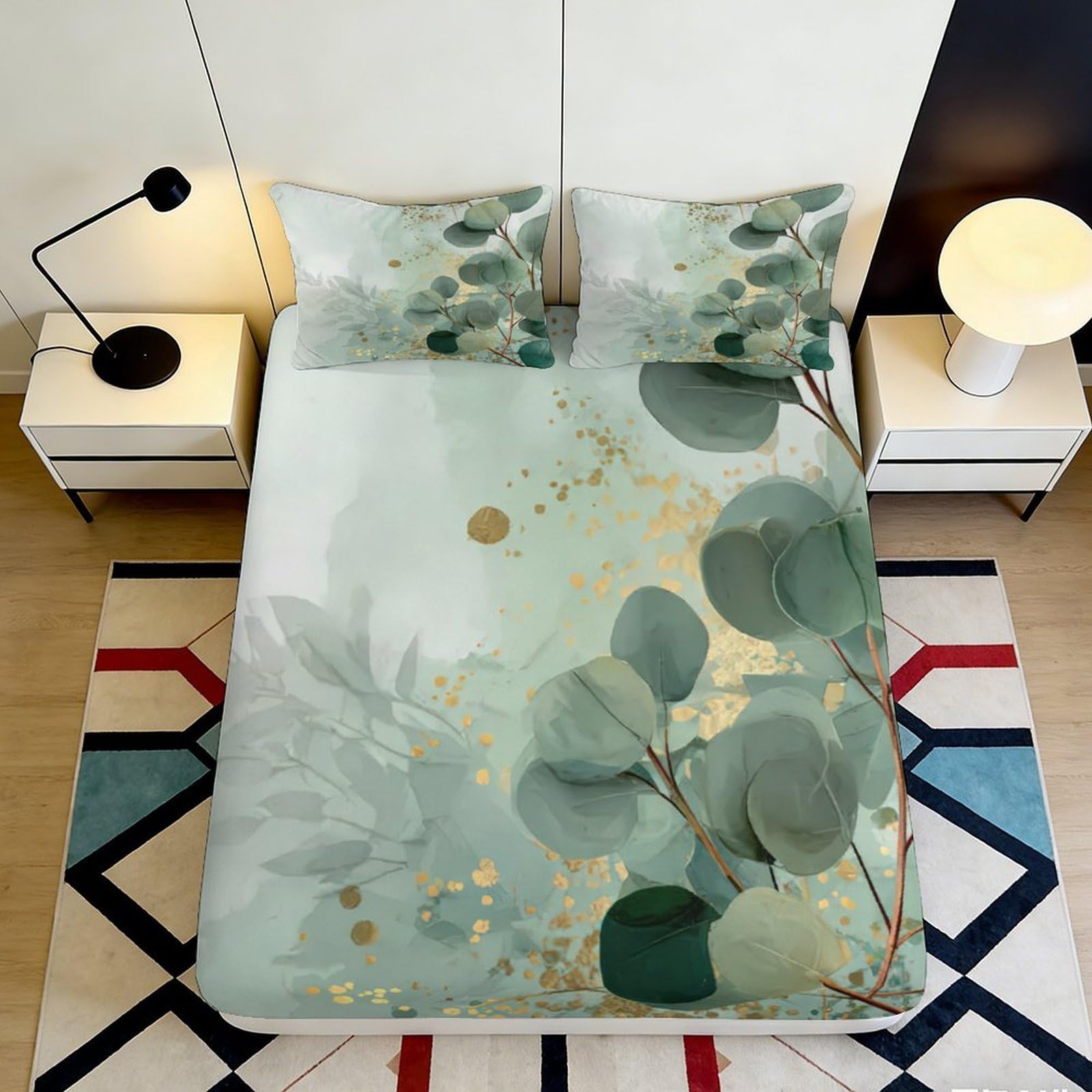 3D Printed Eucalyptus Pattern Fitted Sheet Microfiber Soft Breathable Abstract Botanical Mattress Cover for Bedroom Dormitory Guest Room Protection Decoration 120x200x25cm