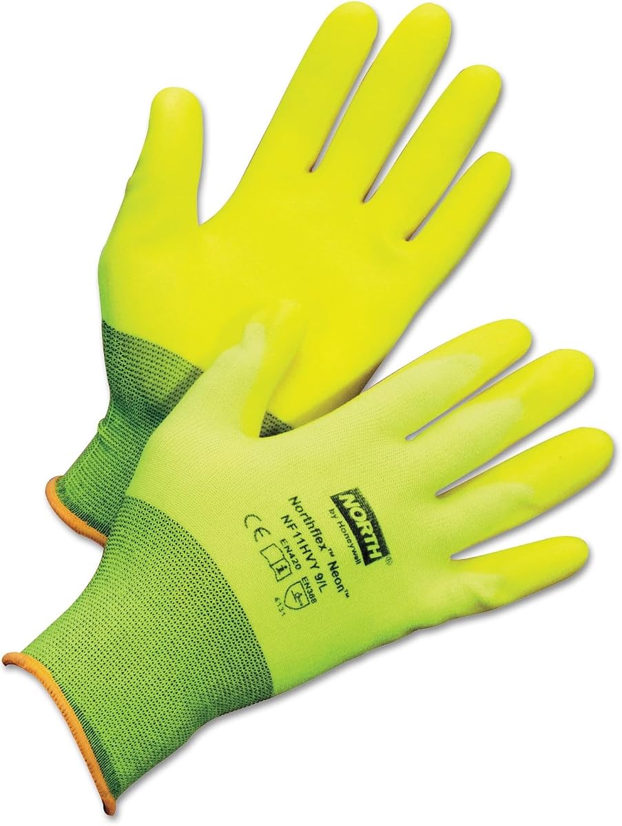 North Northflex-Neon NF11HVY Yellow 7 Polyurethane Full Fingered Work & General Purpose Gloves - PVC Foam Palm Only Coating - Rough Finish - High-Visibility, Seamless Lining - NF11HVY/7S [PRICE is per