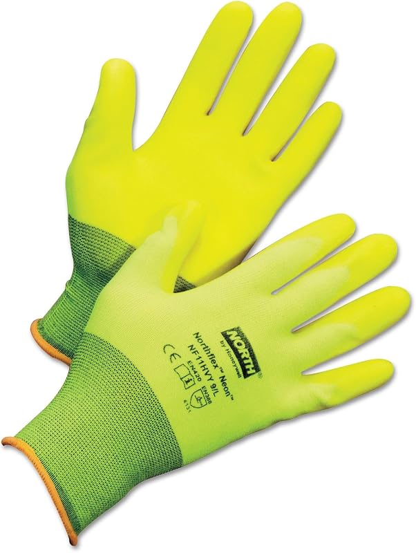 North Northflex-Neon NF11HVY Yellow 7 Polyurethane Full Fingered Work & General Purpose Gloves - PVC Foam Palm Only Coating - Rough Finish - High-Visibility, Seamless Lining - NF11HVY/7S [PRICE is per