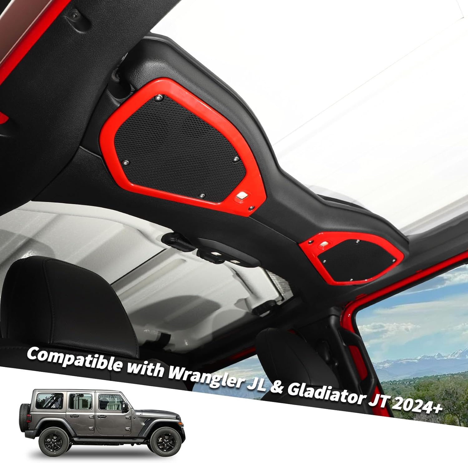 Jimen for JL/JT Speaker Cover, 2PCS Roof Top Speaker Trim Cover Interior Accessories Compatible with Jeep Wrangler JL JLU & Jeep Gladiator JT 2024+ (Red)