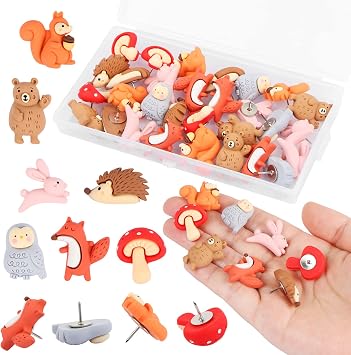 30 Pcs Forest Animals Push Pins, Resin Squirrel Fox Owl Mushroom Push Pins Decorative Animal Thumb Tacks Cork Board Thumbtacks for Bulletin Board Photos Wall Pins Office Supplies