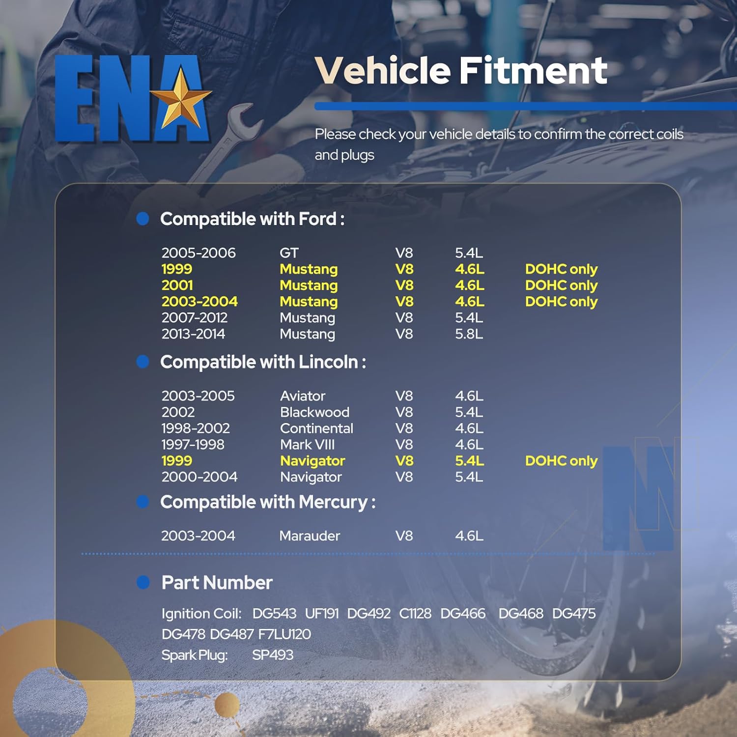 ENA Ignition Coil Pack and Platinum Spark Plugs Compatible with Ford Mustang Lincoln Navigator Blackwood 1.8L L4 1999 2000 2001 2002 2003 2004 Replacement for DG543 UF191 SP493 AGSF32PM Set of 8