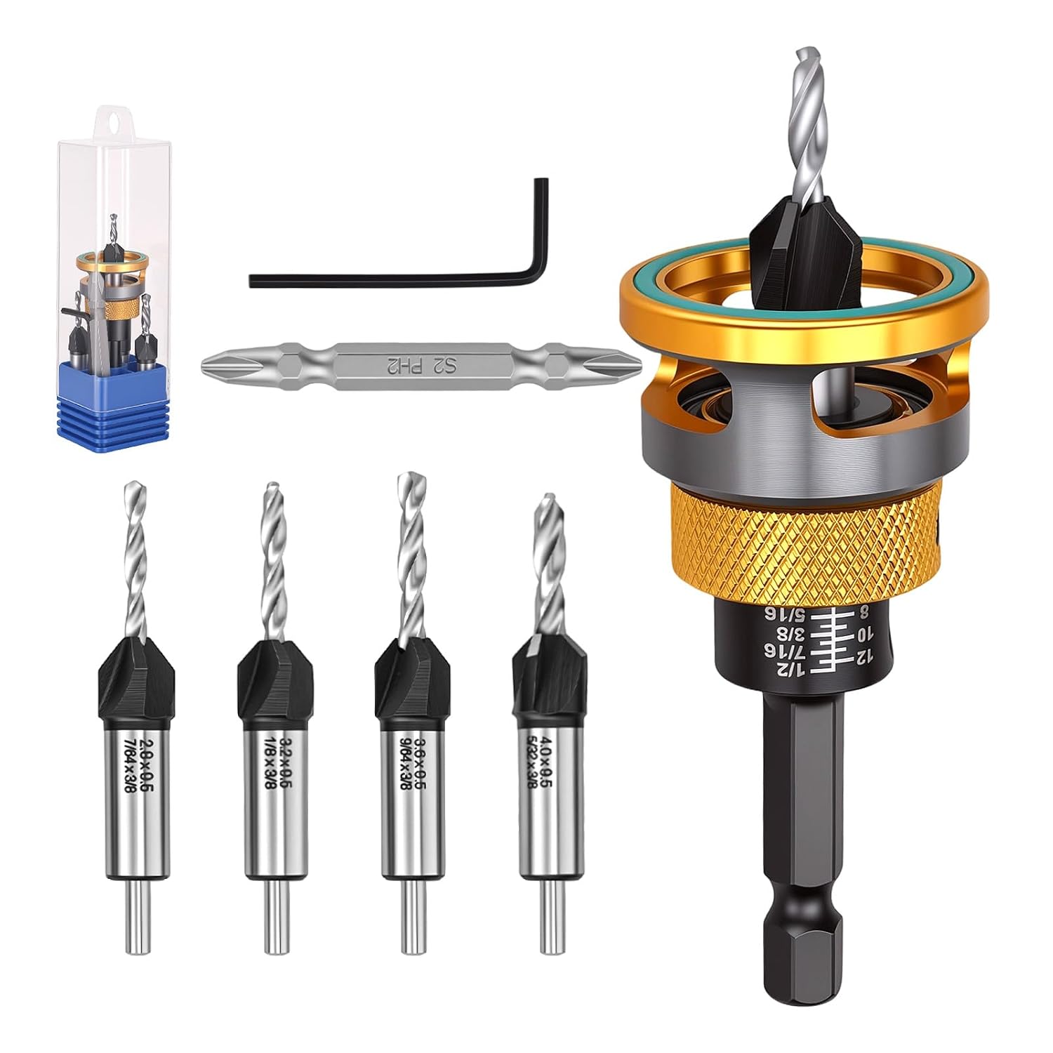 7 Pcs Countersink Drill Bit Set with Adjustable Depth Stop | HSS 82° Counter Bore Bits for Woodworking & Plastic, 1/4" Hex Shank