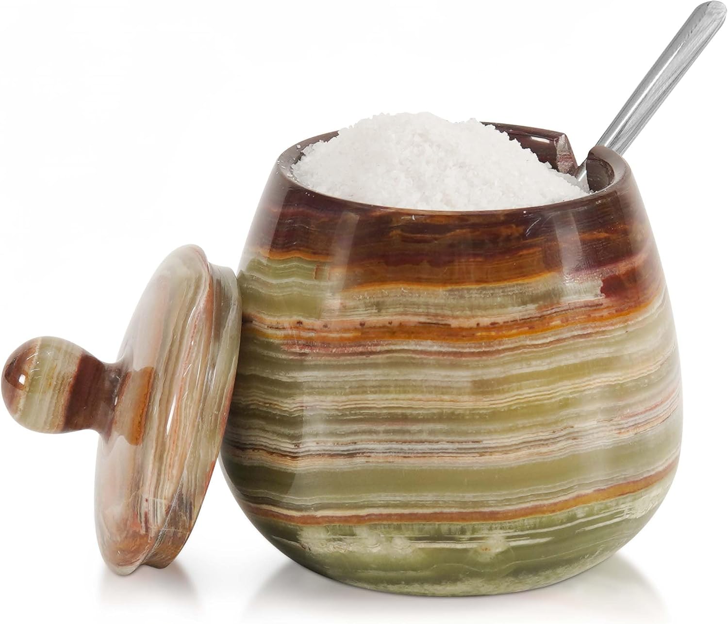 Green Onyx Marble Salt Cellar – 3.5 Inch Salt Jar with Lid, Table Salt Container, Salt Dish, Salt Holder, Spice Jar, Sugar Bowl, Seasoning Container, Salt Dispenser for Kitchen Counter Decor