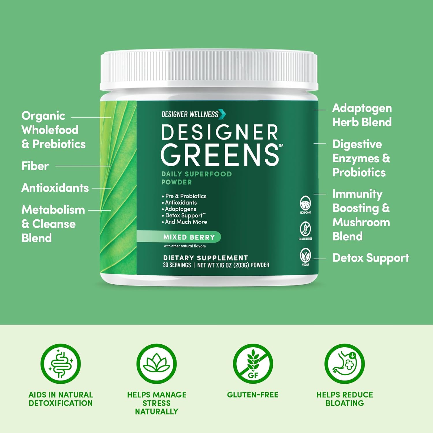 Designer Wellness, Designer Greens Superfood Powder with Prebiotics, Probiotics, Antioxidants, and Detox Support, 30 Servings