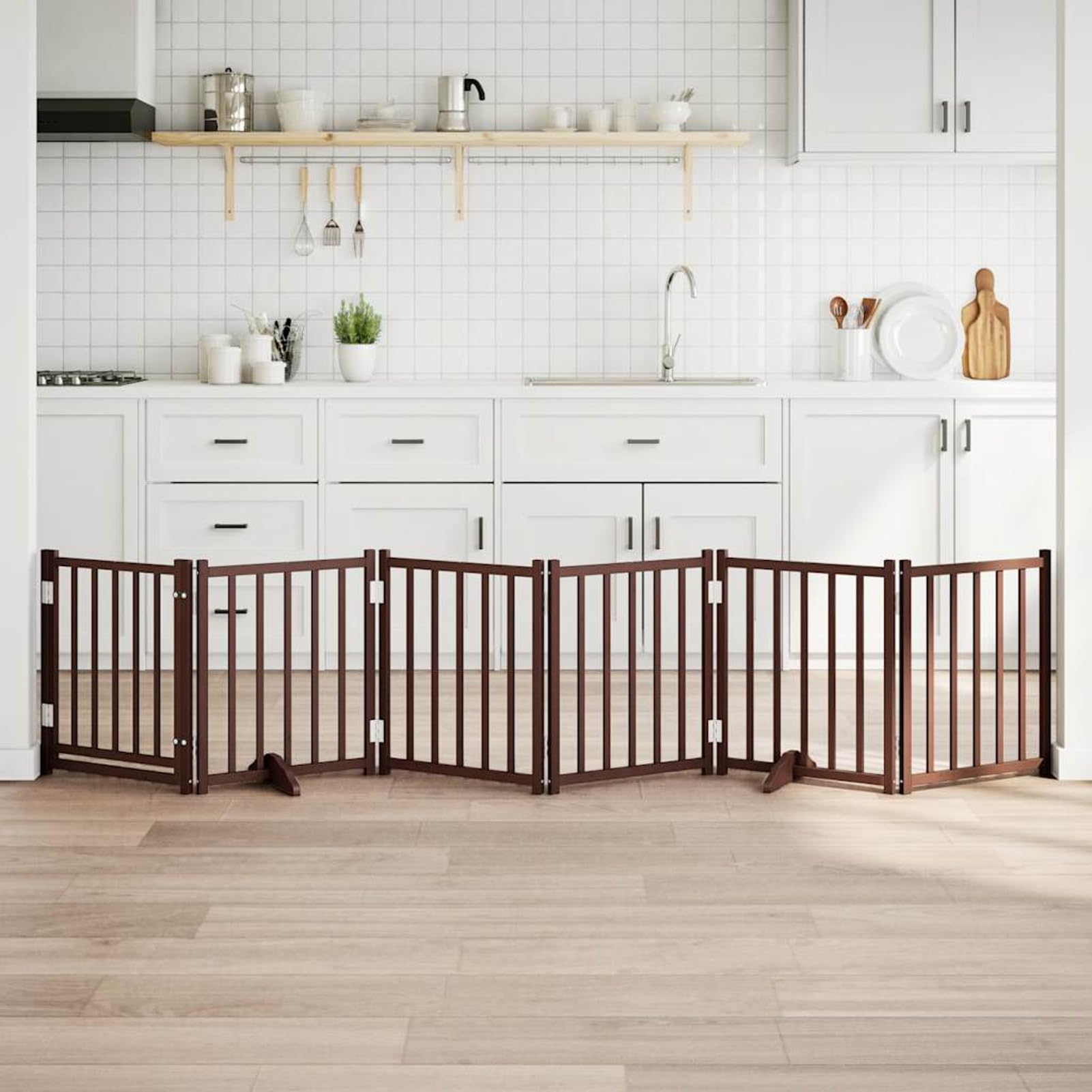 Tidyard 6-TLG. Hundetor mit Tür Faltbar Braun Eiche 300 cm Tannenholz, Modulares Haustiertor für Zimmer Durchgänge Korridore für Kleintiere wie Hunde Katzen Welpen352293