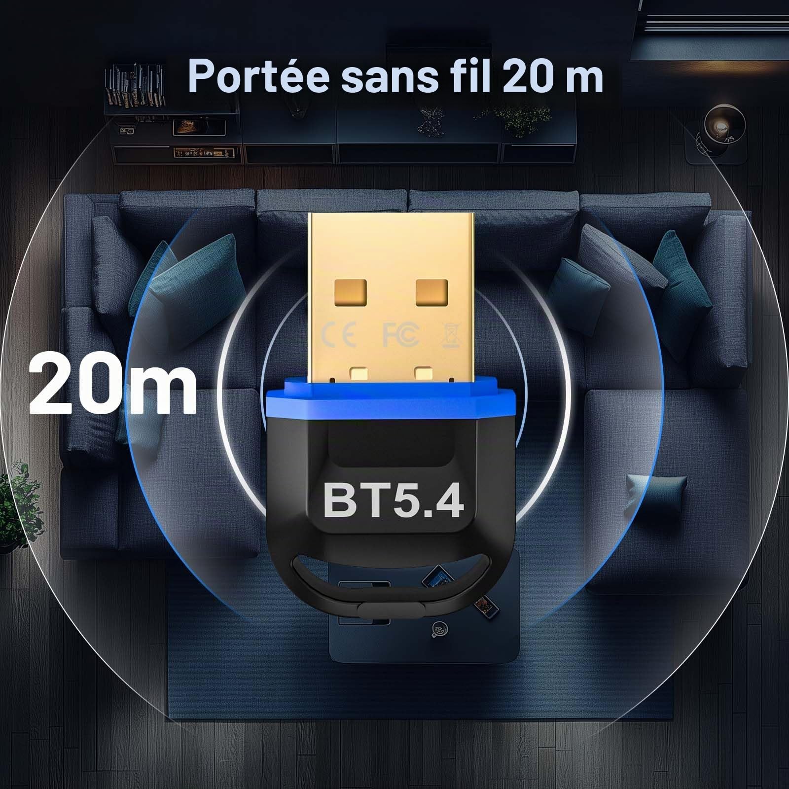 Hoppac Dongle Bluetooth 5.4, Cle Bluetooth pour PC, Faible Latence, Adaptateur Bluetooth USB, Compatible avec Windows 11/10/8.1/7, pour Casque, Souris, Clavier, Imprimantes