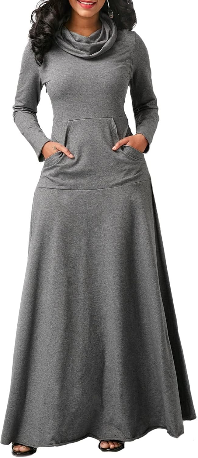 ZOCANIA Long Sleeve Turtleneck Maxi Dress for Women Plus Size Flowy Maxi Dress Casual Winter Long Dress with Pockets