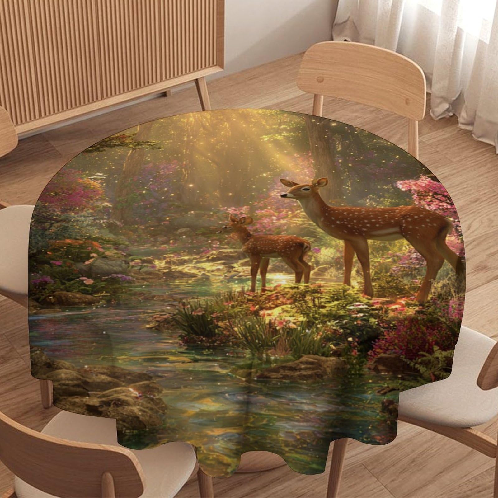 LUYYSKY Vintage Classic Wildlife Elk Waterproof Round Tablecloth Realistic Art Spring Forest Pink Flowers Hunting Theme Animal Deer Washable Table Cover for Kitchen-152.4" Wx152.4 L cm