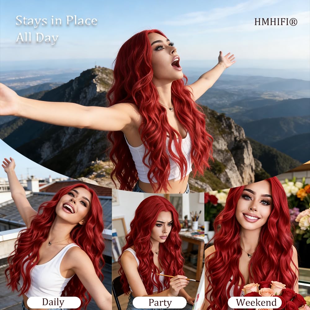 HMHIFI 26-Inch Long Wavy Wig with Middle Part, Protein Fiber Hair
