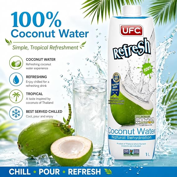 UFC Coconut Water 1 Litre – Pure Coconut Water Drink | Natural Refreshing Beverage | Ready to Drink | No Added Sugar (Pack of 1)