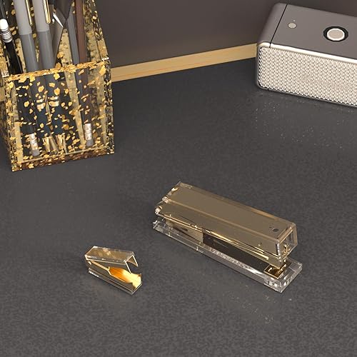 Miniatura 7 de Grapadora acrílica con espejo dorado con capacidad para 25 hojas y capacidad para 100 grapas, juego de grapadora dorada y removedor de grapas,