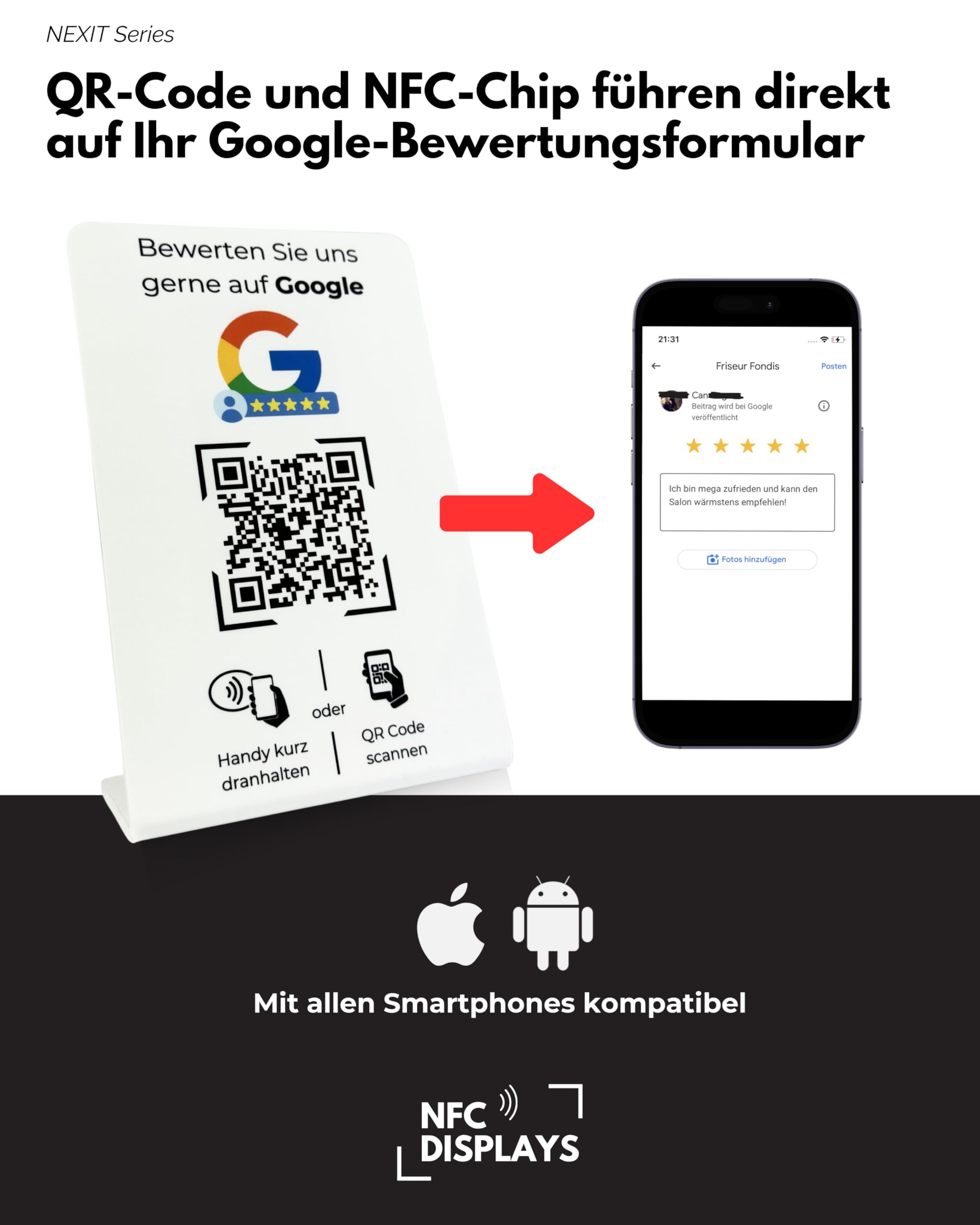 Aufsteller Schild für Google Bewertungen mit QR-Code NFC 16,5 x 10,5 cm weiß