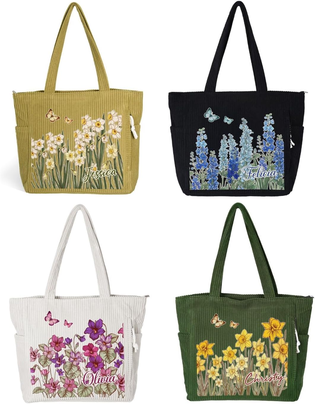 Personalized Butterfly Birth Flower Name Large Corduroy Tote Bag for Women