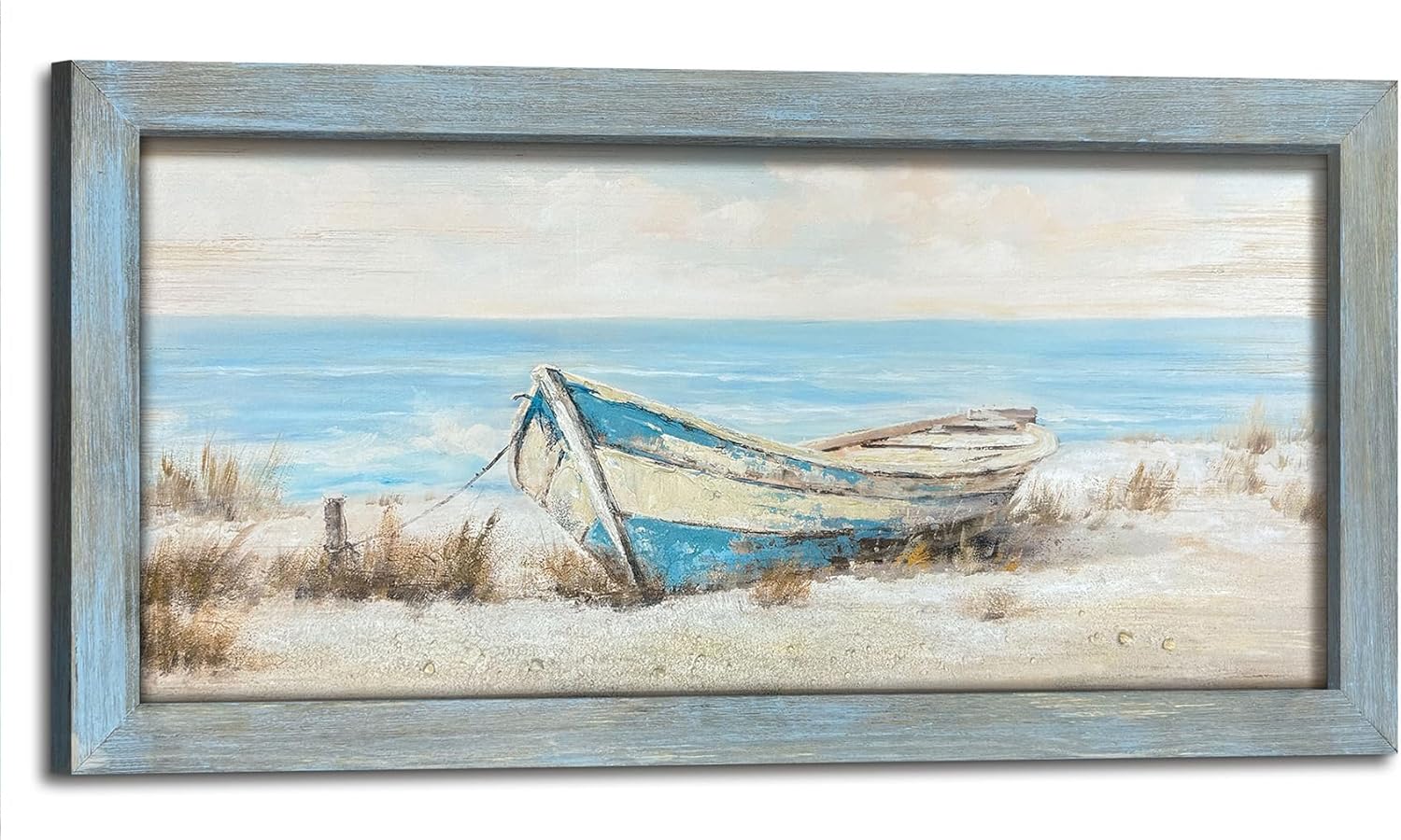 Coastal Wall Art Wood Decor: Beach Boat Framed Picture Rustic Ocean Sea Painting Seaside Landscape Print Artwork for Living Room Home Office Decor 40 x 20 Inch