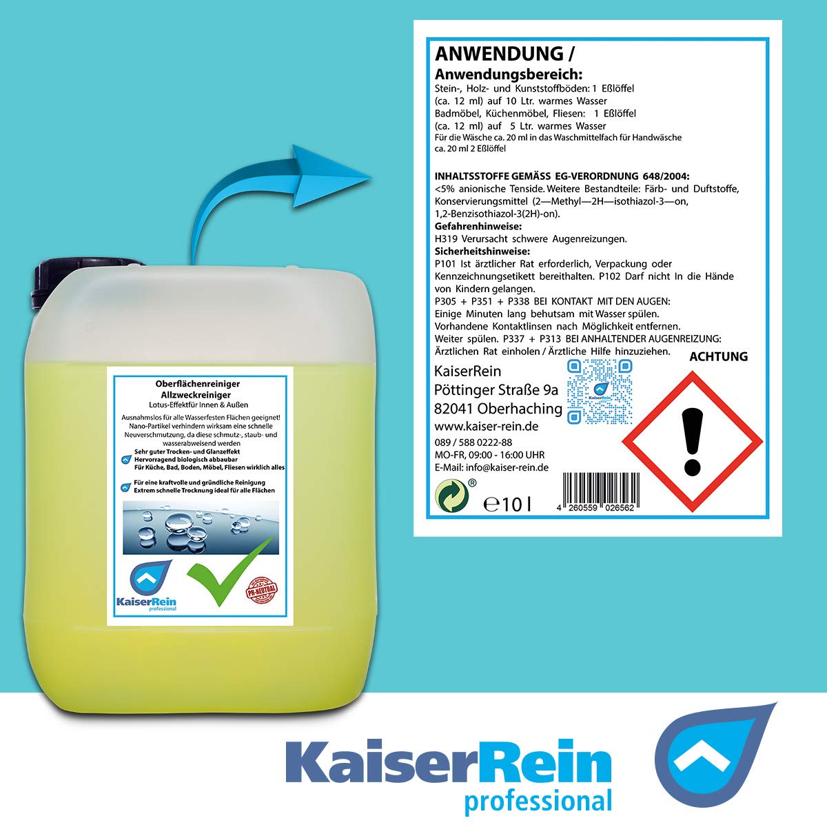 KaiserRein Universal-Reiniger Allzweckreiniger Oberflächenreiniger Konzentrat 10 L Kanister Innen & Außen I für Möbel, Tische, PC, Böden