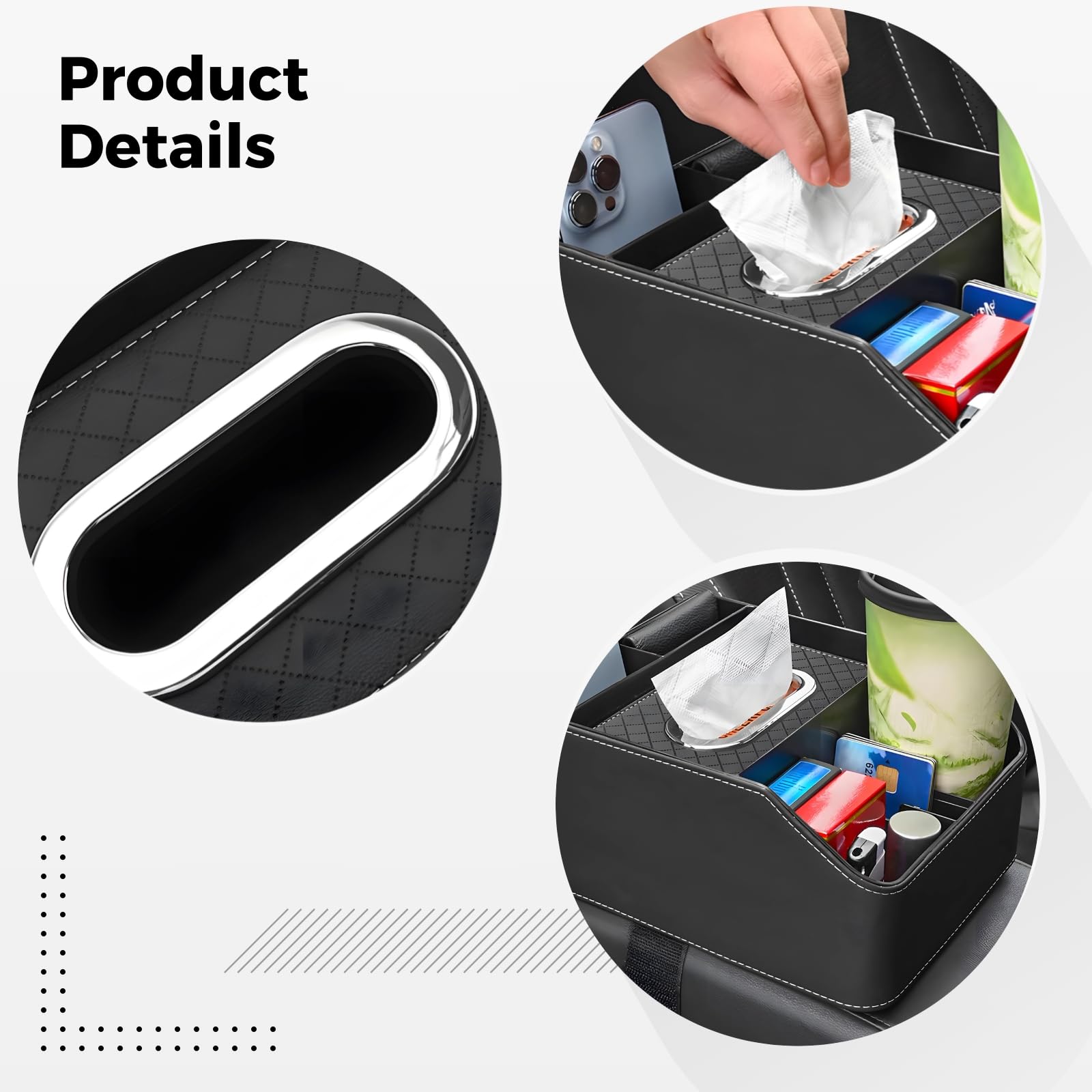 Generisch Auto Sitz Organizer mit Tablett, multifunktionale Mittelkonsole Aufbewahrungsbox für Front und Rücksitz, Leder, mit Taschentuchbox und Trennfächern, Schwarz, für Handy, Schlüssel und mehr