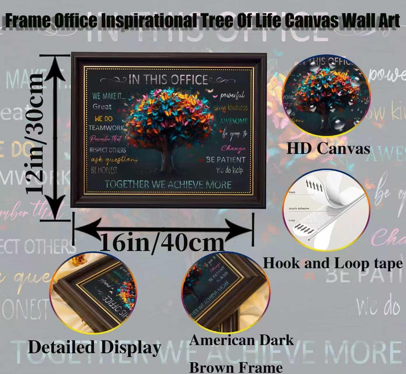 Dark Brown Frame Office Inspirational Tree Of Life Canvas Wall Art Teamwork Positive Energy Picture Wall Decor Team Rules Inspiring Poster Print Painting for Living Room Bedroom Man Cave Decoration