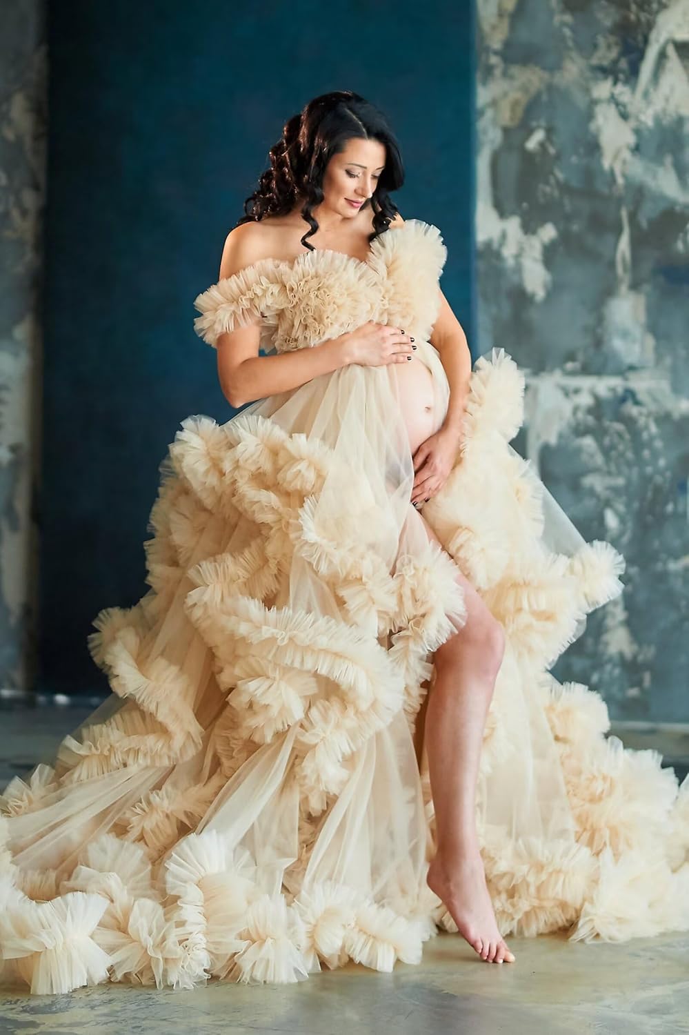Tulle Maternity Robe for Photoshoot Puffy Ruffles Bridal Lingerie Bathgown Sheer Baby Shower Pregnancy