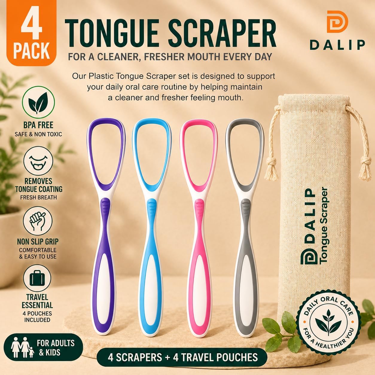 Plastic Tongue Scraper for Adults & Kids, 4 Pack BPA Free Tongue Cleaner, Easy to Use Tongue Scrubber with 4 Travel Pouches, Oral Hygiene Tool for Bad Breath, Travel Essentials, Colors May Vary