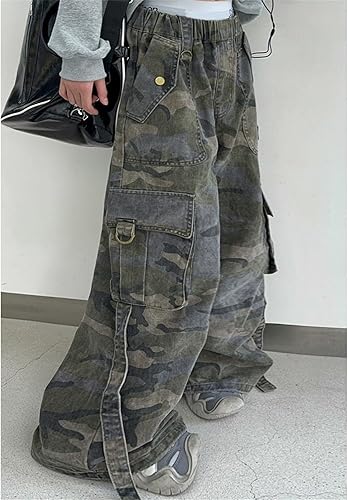 Girls Camouflage Overalls Trousers High Elastic Waist Wide Leg Cargo Pants Multiple Pocket Baggy Hip Hop Joggers(Ag,9-10 Years)