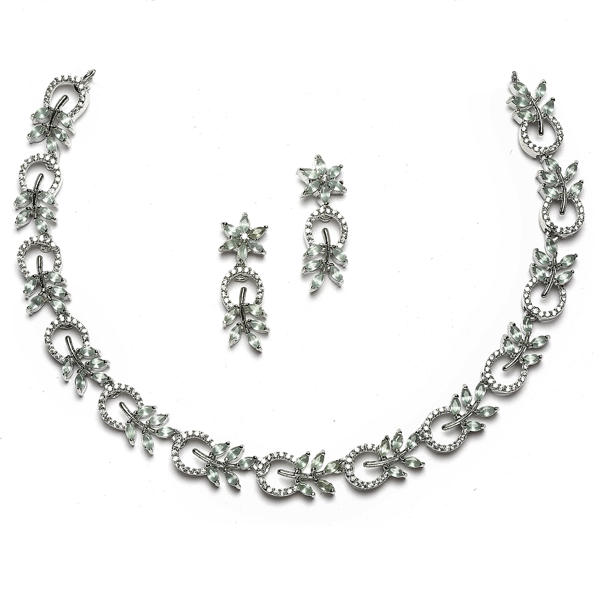 ZENEME Rhodium-Plated American Diamond Studded Leaf & Circular Shaped Necklace With Earrings Jewellery Set For Girls and Women (Sea Green) (B0CGPTNC8V) Amazon Price History, Amazon Price Tracker