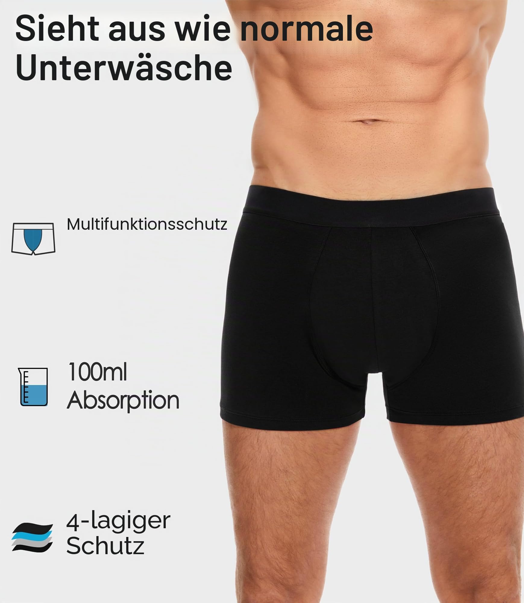 FORVEVO 3er Pack Inkontinenz Pants Männer Baumwolle,Waschbar Boxershorts Herren für Inkontinenz Underwear mit Saugfähigkeit Pants 100ml,Wiederverwendbar Unterhosen,Schwarz XL