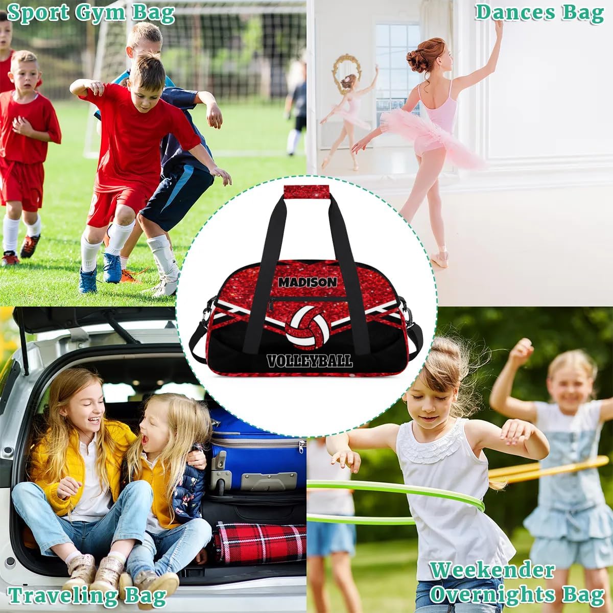 Personalized Sports Volleyball Bag, Custom Team Name Gym Sport Duffel Bag Weekender Bags Travel Duffel Bag, Red Glittering with Black