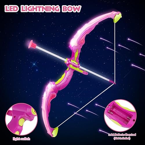 Miniatura 4 de Juego de arco y flecha rosa para niñas, juego de tiro con arco con luz LED con 10 flechas de ventosa, objetivo, alas de hadas y corona de princesa,
