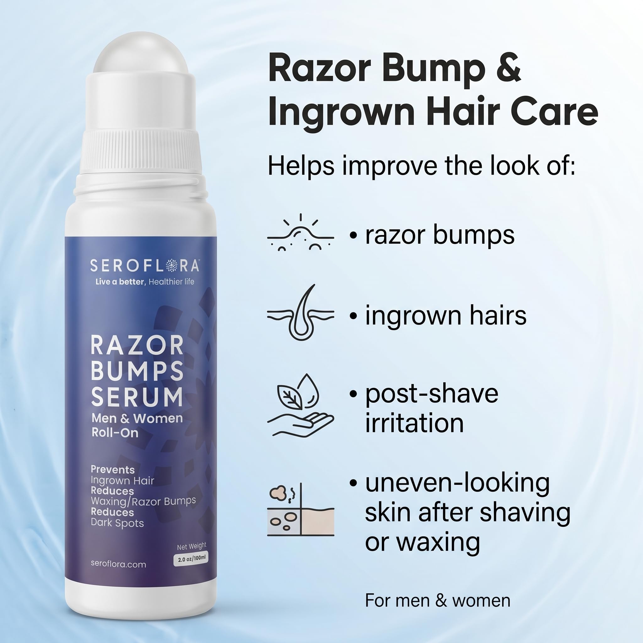Seroflora Razor Bumps Tratamiento para mujeres – Tratamiento de cabello encarnado – Bump de afeitar para zona del bikini – Después del afeitado y la depilación con cera – Roll-On, cara, piernas
