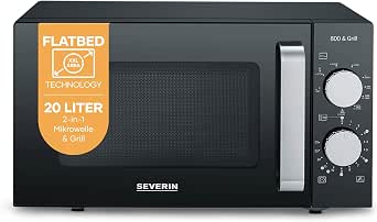 Severin 2-in-1 Mikrowelle mit Grill, 2 Ebenen, flacher Glasboden (Flatbed) statt Drehteller mit XXL-Nutzfläche für eckiges Geschirr, leichte Reinigung, Mikrowellengerät, 20L, schwarz, MW 7762