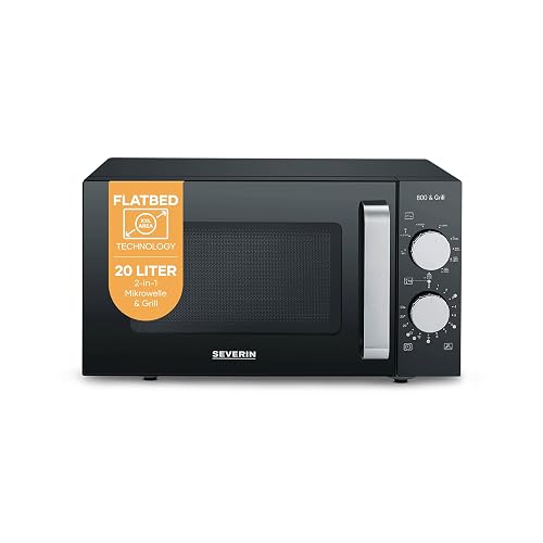 Severin 2-in-1 Mikrowelle mit Grill, 2 Ebenen, flacher Glasboden (Flatbed) statt Drehteller mit XXL-Nutzfläche für eckiges Geschirr, leichte Reinigung, Mikrowellengerät, 20L, schwarz, MW 7762