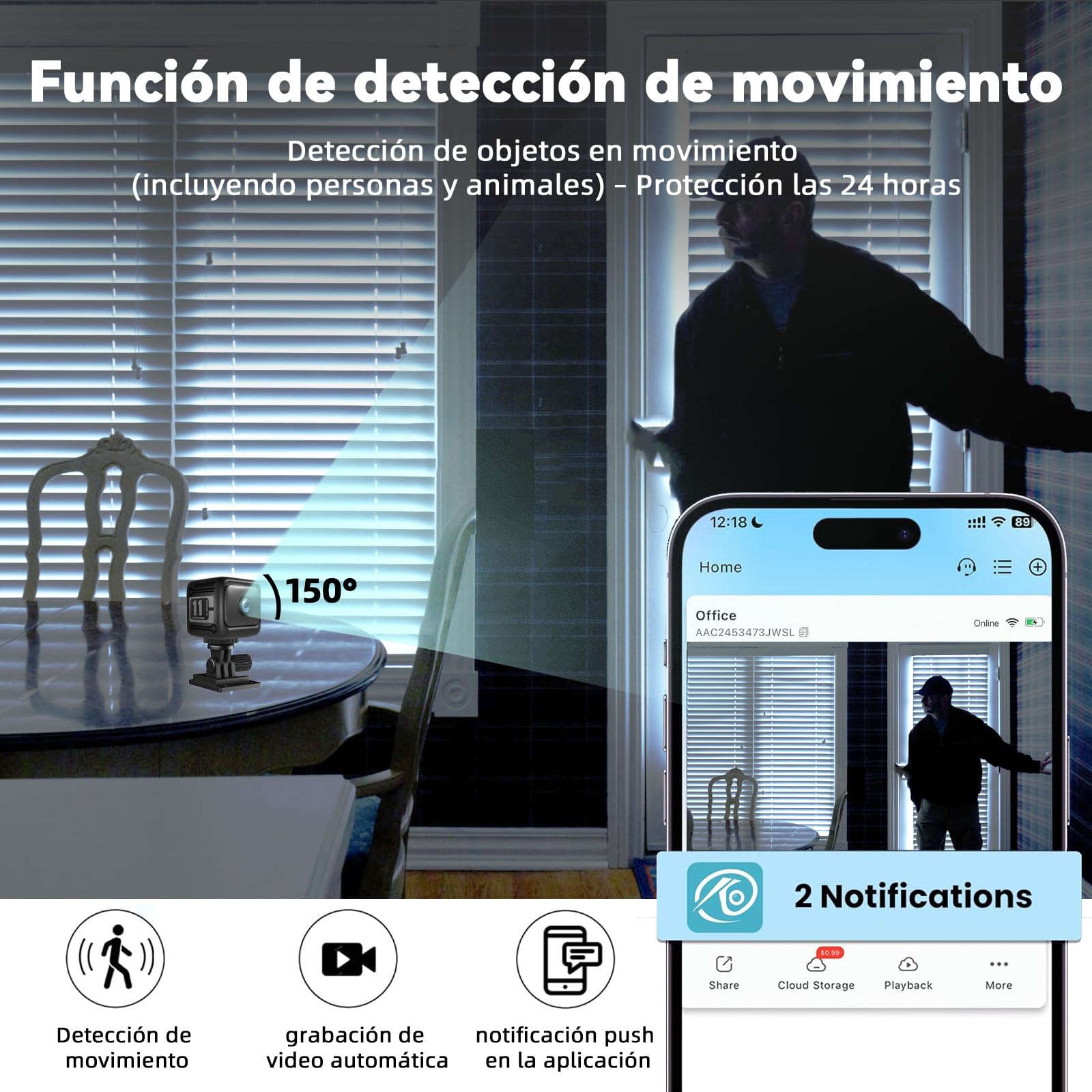 Mini Cámara Espía HD 1080P, Cámara de Vigilancia Interior Wi-Fi Inalámbrica, Detección de Movimiento y Visión Nocturna, Bebés Mascotas, Notificaciones & Visualización en App, Negro