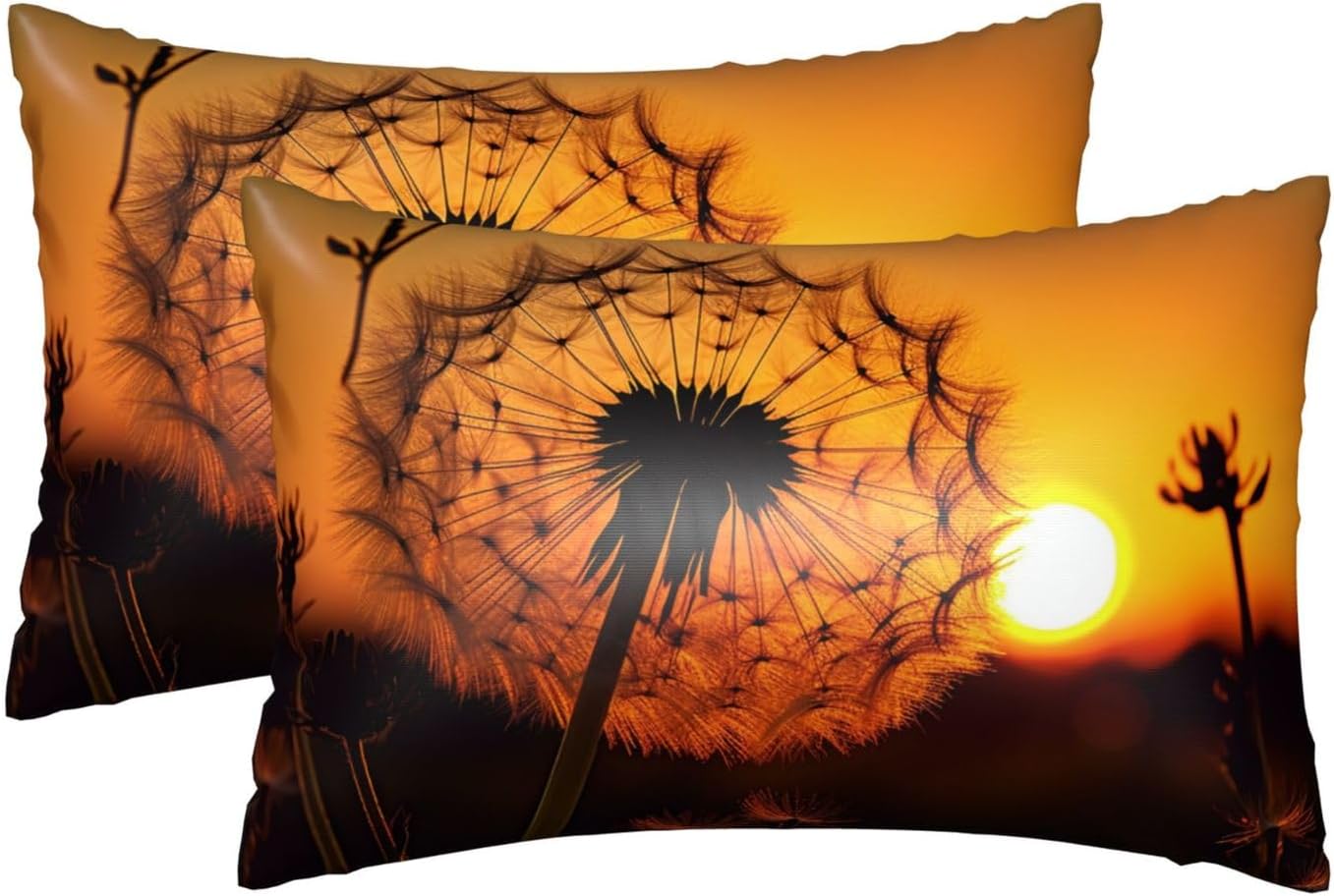 Satin Pillowcase for Hair and Skin, Sunset Dandelion Silk Pillow Cases Set of 2 Queen Size 20x30 Inches, Luxury and Soft Satin Pillow Covers with Envelope Closure