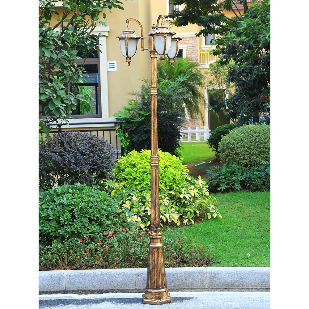 European Lawn Street High Pole Glass Pillar Light 3-Lights E27 Retro Outdoor Waterproof Anti Rust Metal Aluminum Post Light Garden Villa Aisle Street (Brass Height 290cm)