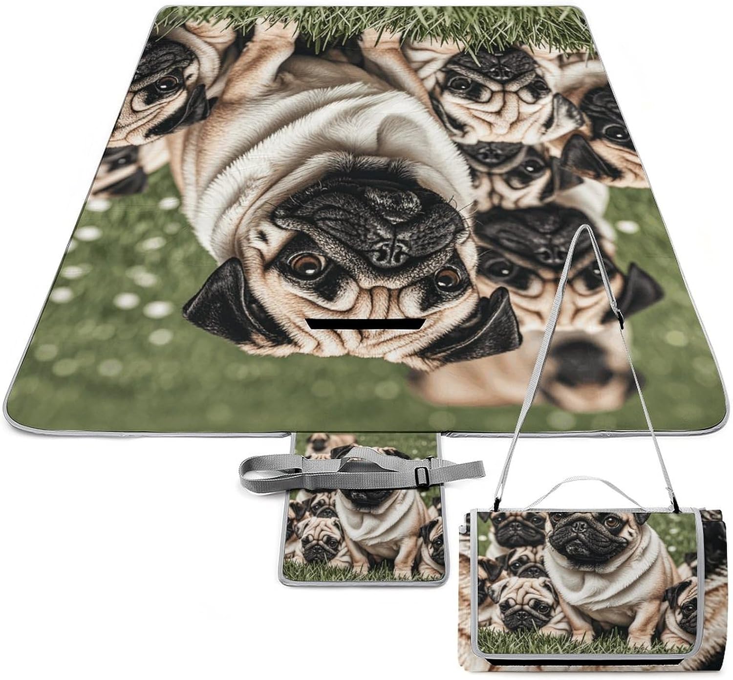 Outdoor Picnic Blanket Extra Large Beach Blanket Waterproof Picnic Mat Many Pug Dog Camping Blanket Portable with Carry Strap Park Blanket for Grass Camping Park