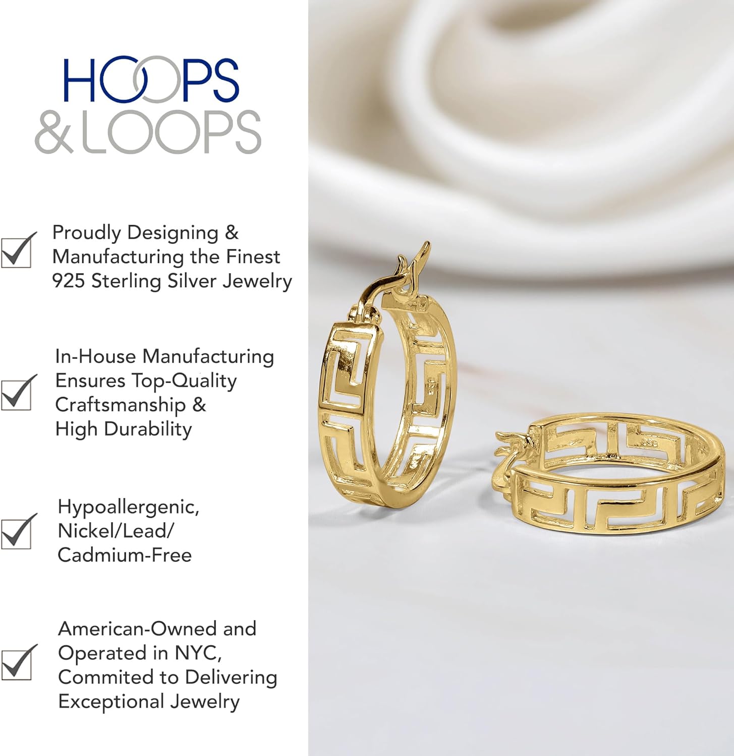 Hoops & Loops 925 Sterling Silver Greek Key Round Click-Top Hoop Earrings for Women, 15mm, 20mm | Silver, Yellow Gold, Rose Gold - Image 4