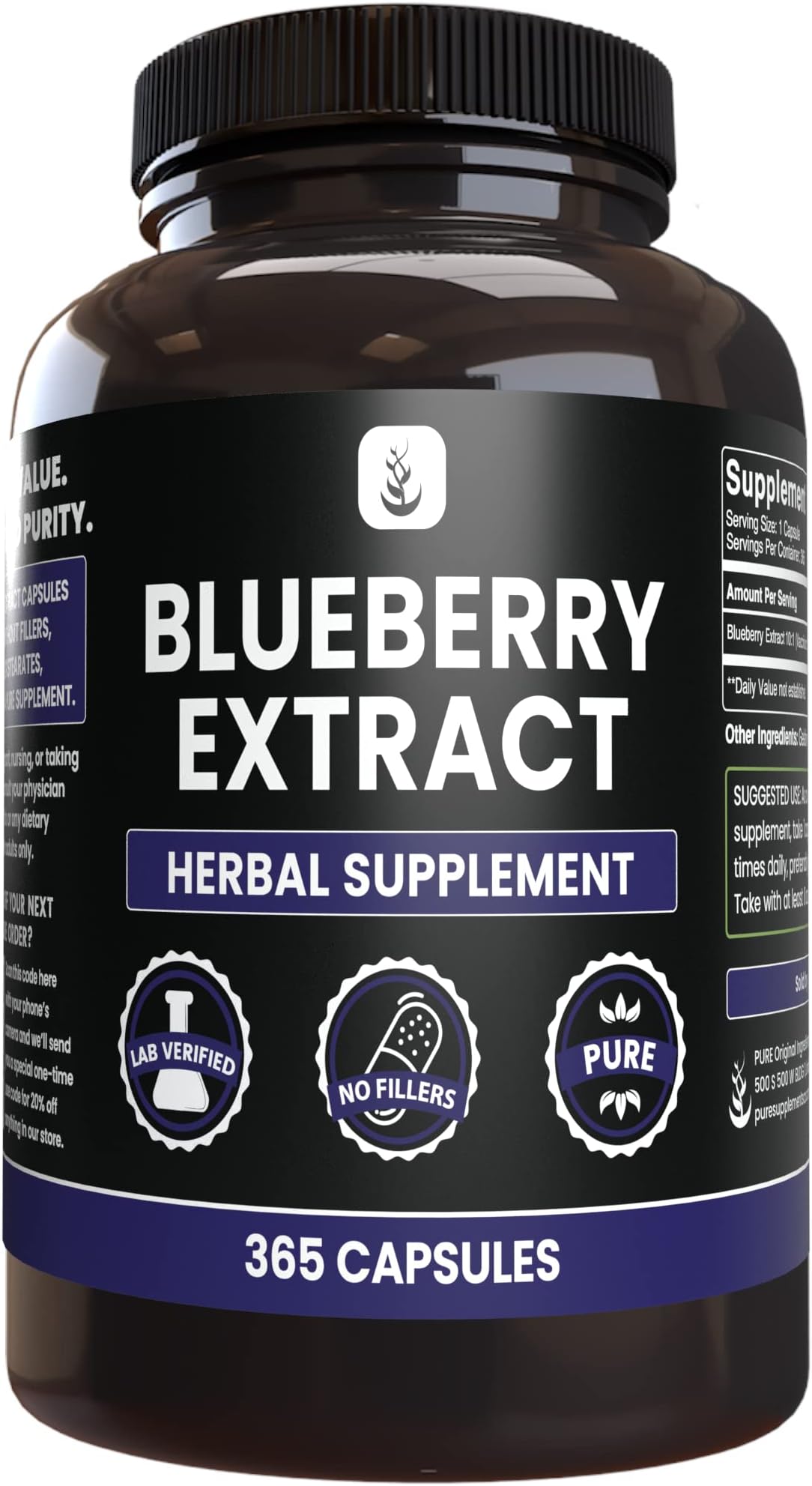 PURE ORIGINAL INGREDIENTS Blueberry Extract (365 Capsule), No Magnesium Or Rice