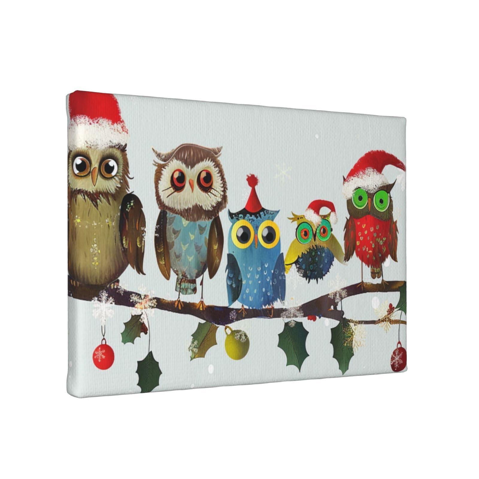 YKLJG Cute Christmas Owls on Branch Printed Wall Art Canvas Painting 30x20 CM Wooden Framed Picture Painting Artwork Prints for Bedroom Kitchen Home Office Decor