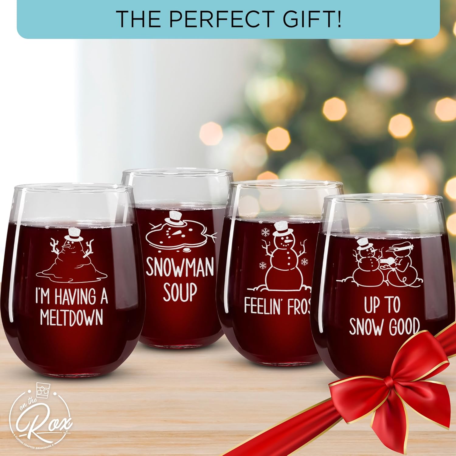On The Rox Drinks Funny Christmas Wine Glasses - Snowman Holiday Stemless Set of 4 - Wine Holiday Gifts for Her - Cocktail Glasses and Drinkware - Gift Sets for Christmas