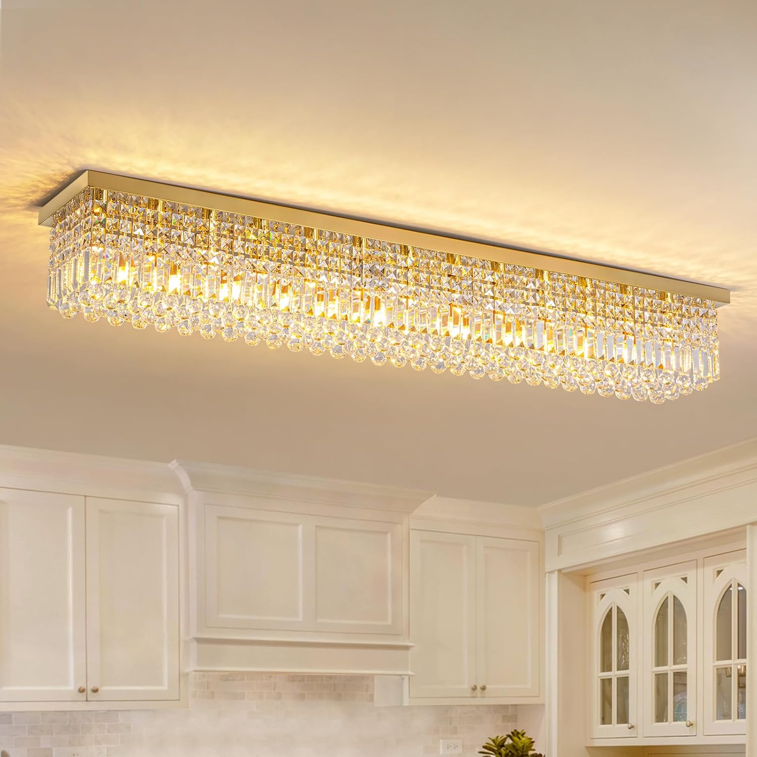 7PM Rectangular Chandelier, Modern Dining Room Light Fixture with Raindrop Chandelier Crystals, 13-Light Flush Mount Rectangle Chandelier for Dining Room, Living Room,Brass Finish L59'' x W10'' x H9'' Gold(Ceiling) L59"