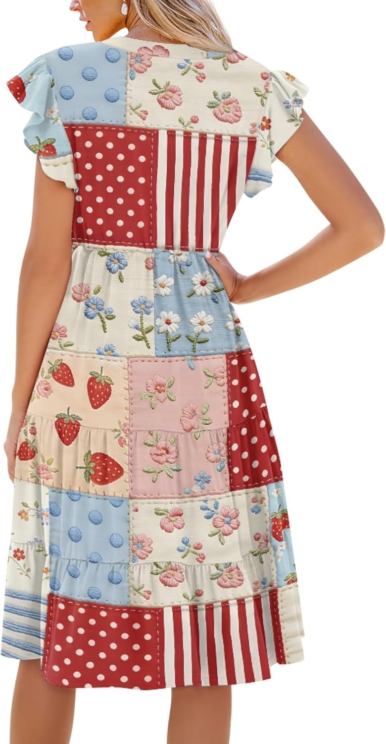 Pinupub Flowy Swing Dresses for Women Casual Midi Tiered Dress with Pockets Summer Flutter Sleeve V Neck Sundress