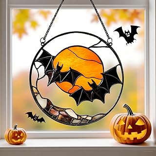 Vintage Halloween Decorations Wall Decor for Home Livingroom Bedroom, Skull and Butterfly Stained Window Hanging Ornament (bat)