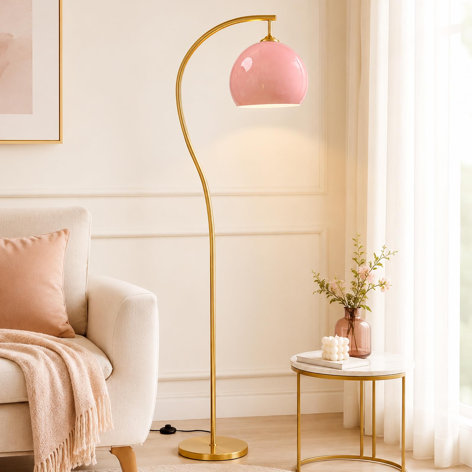 KlkrzJwy Pink Floor Lamp Modern 60" Arc Floor Lamp Glass Globe Standing Lamp with E27 3-Color Temperature Adjustable Dome Shade Tall Pole Light for Living Room Bedroom Office (Includes Bulb)