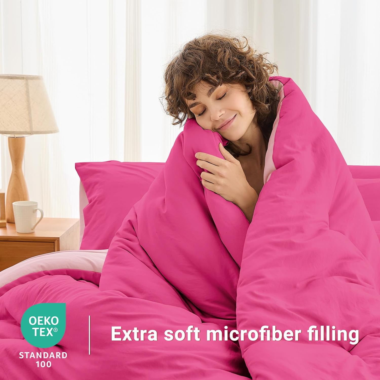 MUXHOMO 7 Pieces Queen Comforter Set, Soft Bed in a Bag Queen Size, All Season Bedding Set with Comforter, Flat Sheet, Fitted Sheet, Pillowcases & Shams, Hot Pink & Baby Pink - Image 3