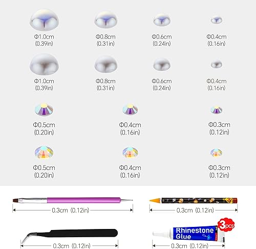 Miniatura 4 de Diamantes de imitación de perlas blancas de 5.64 oz con parte trasera plana para manualidades, tamaño mixto de 0.116 pulgadas a 0.394 pulgadas,